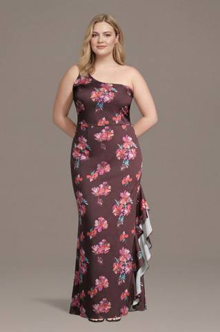View Celebrate DB Studio Floral Matte Satin One-Shoulder Sheath with Ruffle in all available color and sizes Picture of Floral Matte Satin One-Shoulder Sheath with Ruffle